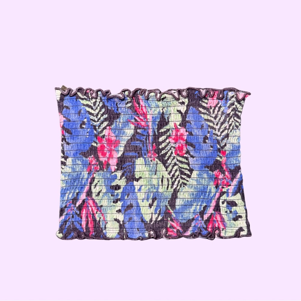 Derek Heart Floral Leaves Smocked Tube Crop Top in Blue, Pink, Green